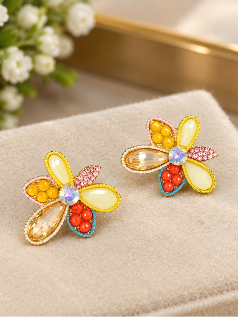 Multicolor Floral Crystal & Enamel Stud Earrings - Yellow Accent